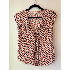 Boden Short Sleeve Floral Blouse V Neck Ruffle Size 4 Red White Blue Lightweight